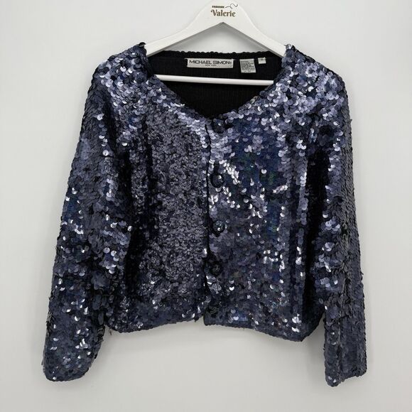 Michael Simon New York Vintage 90s Blue Sequin Cardigan Top Size Small - Picture 1 of 8